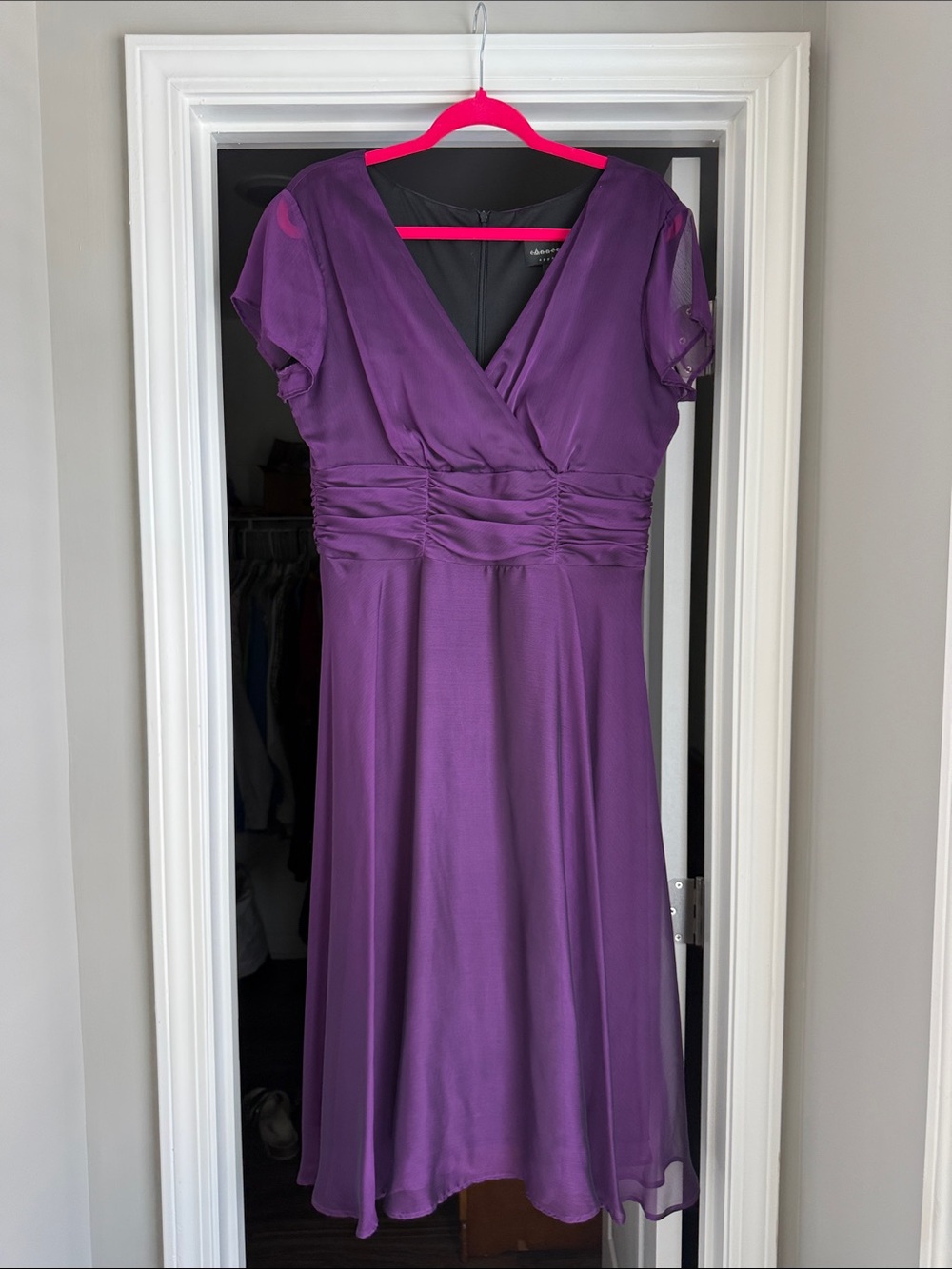 connected apparel Purple V-Neck Ruched Midi Dress